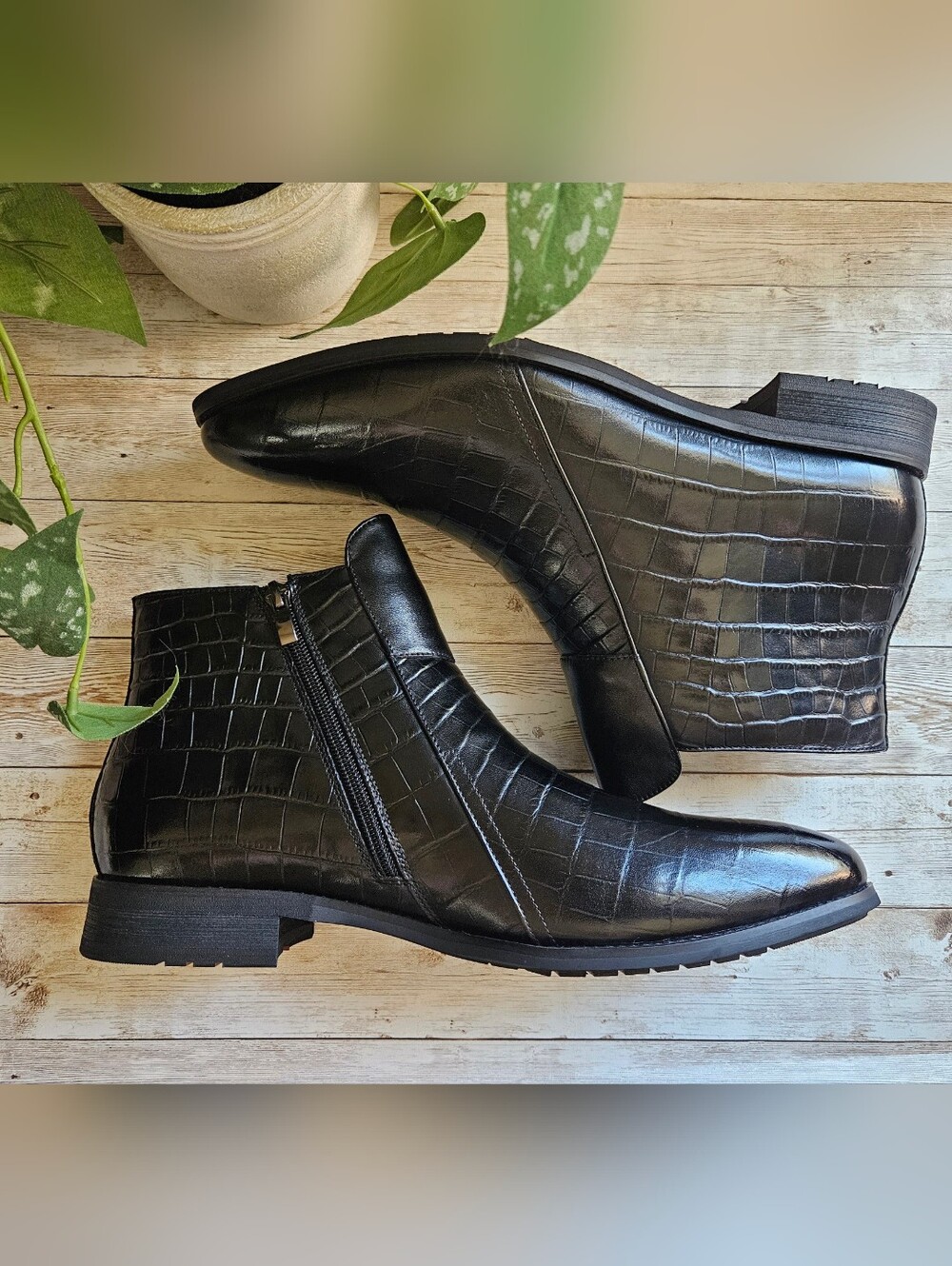 Men's Cowhide Leather size 11 black ankle boots nib characterized by a bold, cro